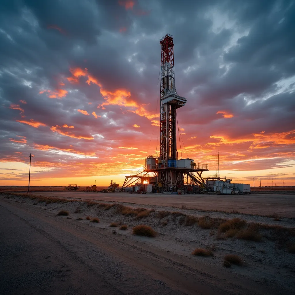 Moderno equipo de perforación en un yacimiento argentino al amanecer.