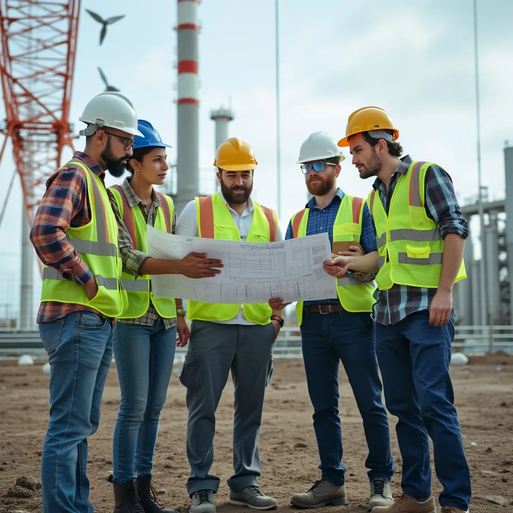 Ingenieros y técnicos colaborando en la planificación de un proyecto energético.